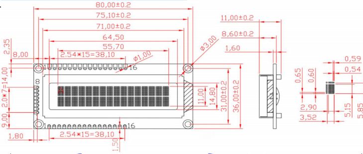 2X16 Lcd Display Çift Taraflı Ölçüleri