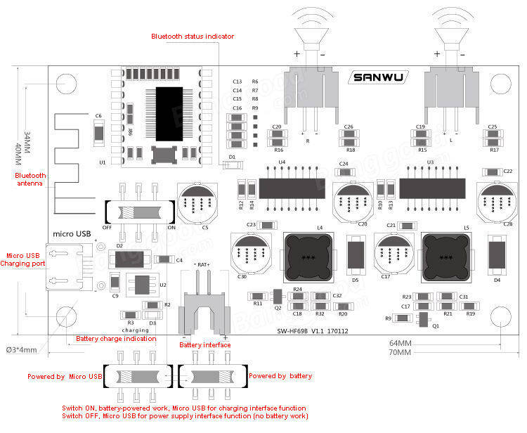 HF69B Bluetooth DC 5V/3.7V 2X6W Güç Amplifikatör Devresi