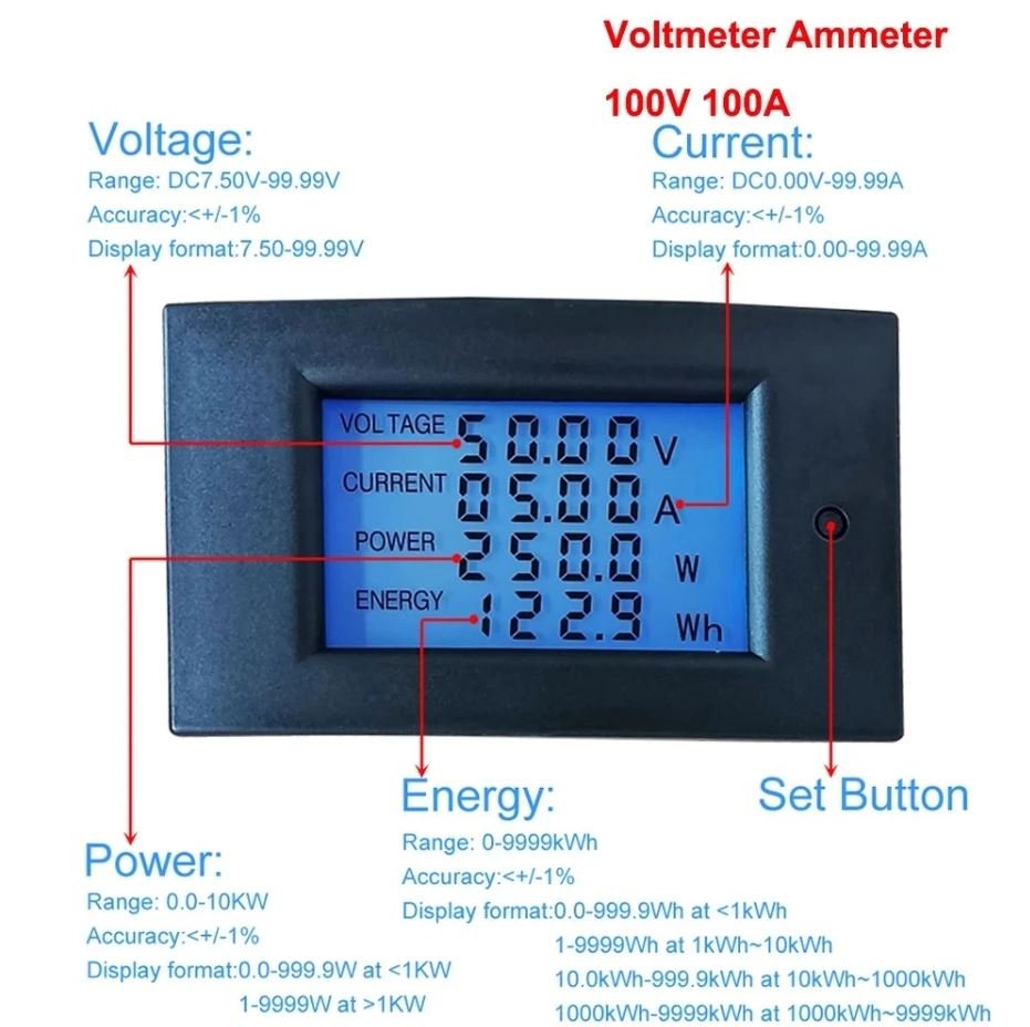 WZ -DM100 100V 100A Voltmeter Ammeter - 75mV Shunt Resistor 