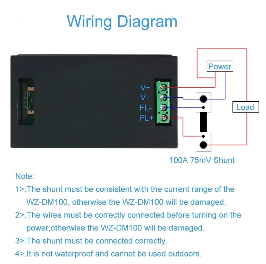 WZ-DM100 100V 100A Voltmeter Ammeter - 75mV Shunt Resistor 